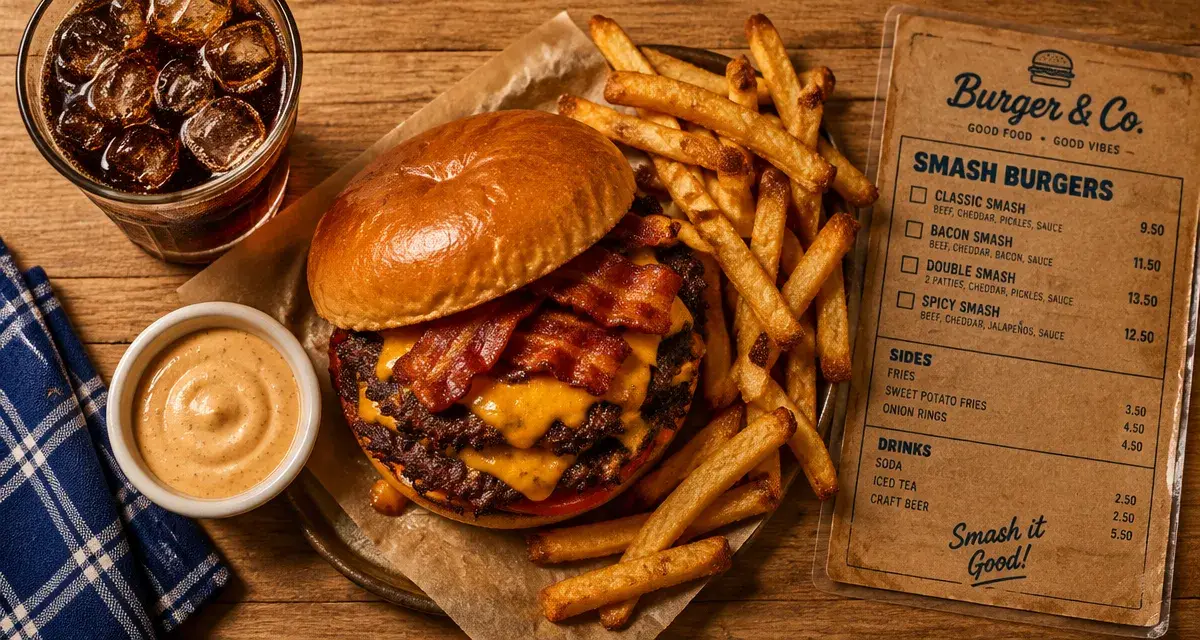 Le 58 street food : smash burger cheddar bacon et frites au Pontet