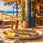 Le cabanon et sa cave à vin à Lacanau : poissons grillés et vin sur la terrasse