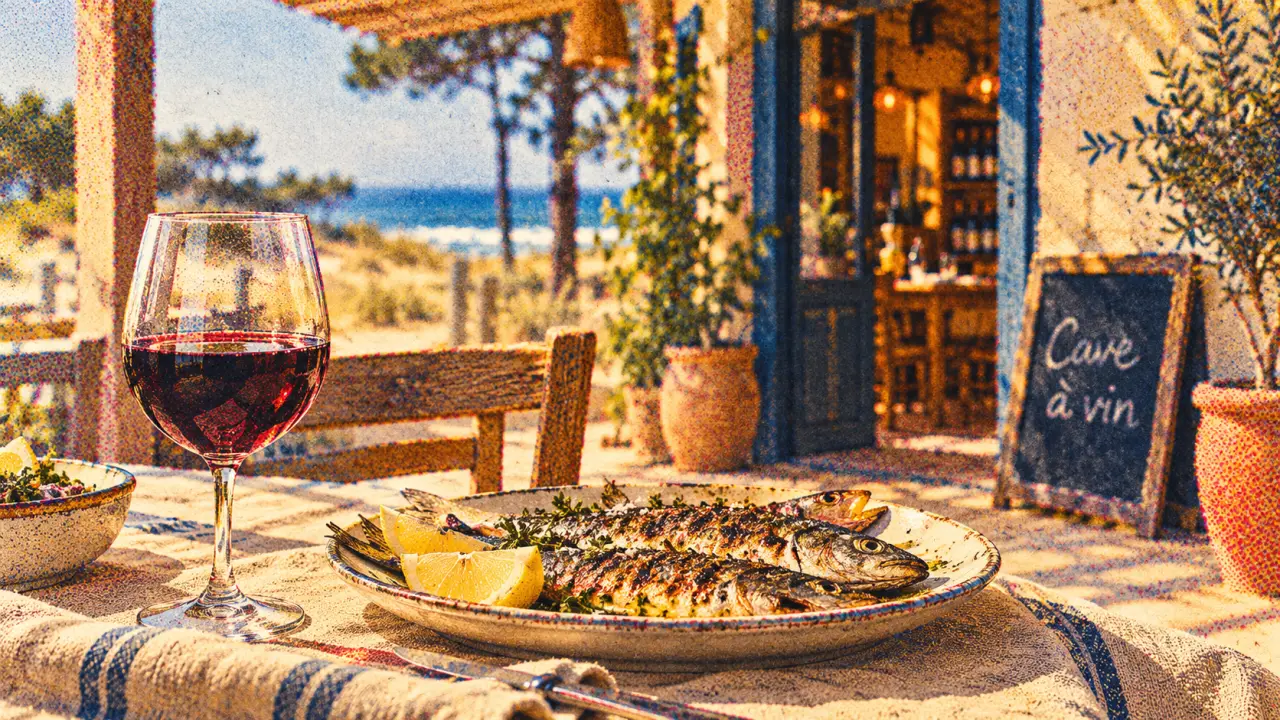 Le cabanon et sa cave à vin à Lacanau : poissons grillés et vin sur la terrasse