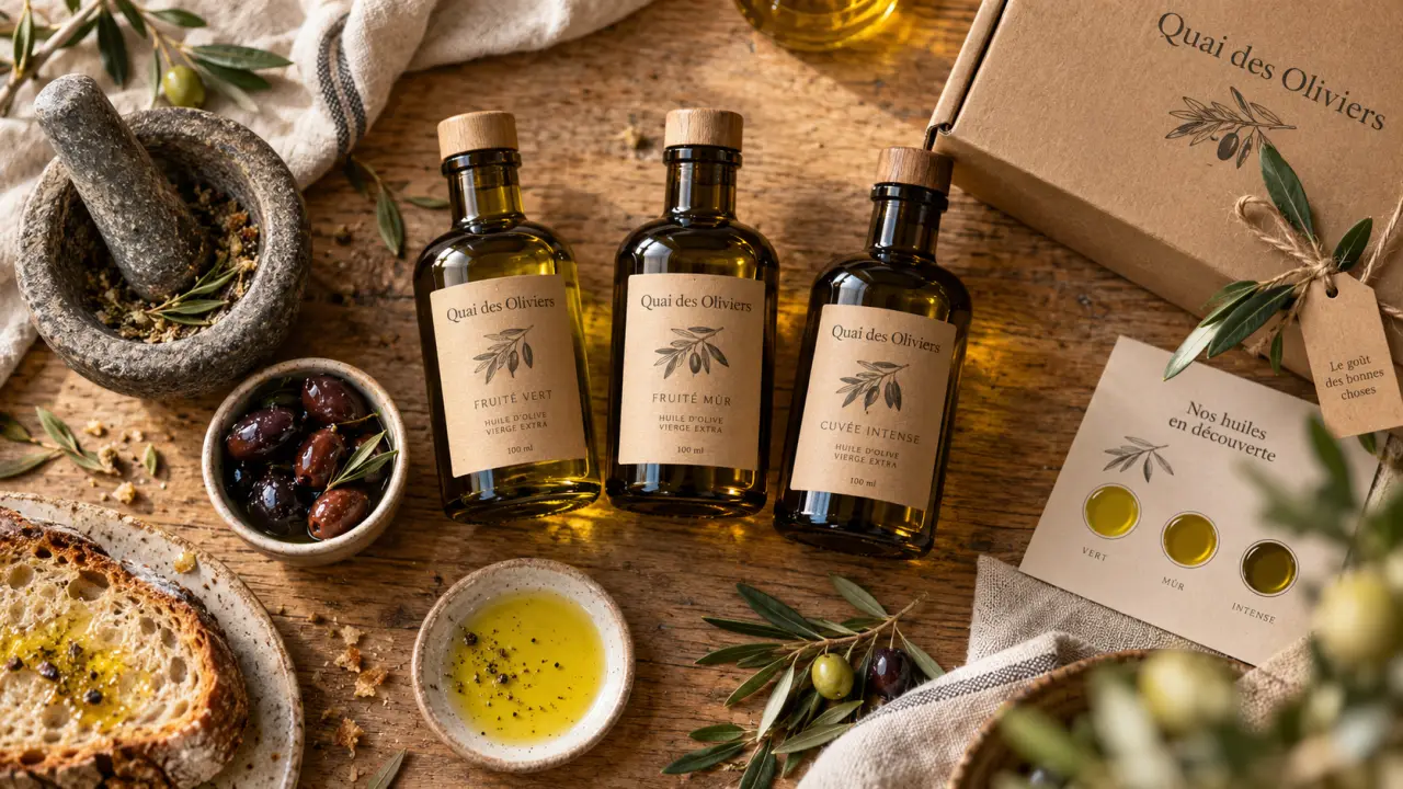 quai des oliviers épicerie fine : huiles d’olive, olives noires et pain, ambiance méditerranéenne