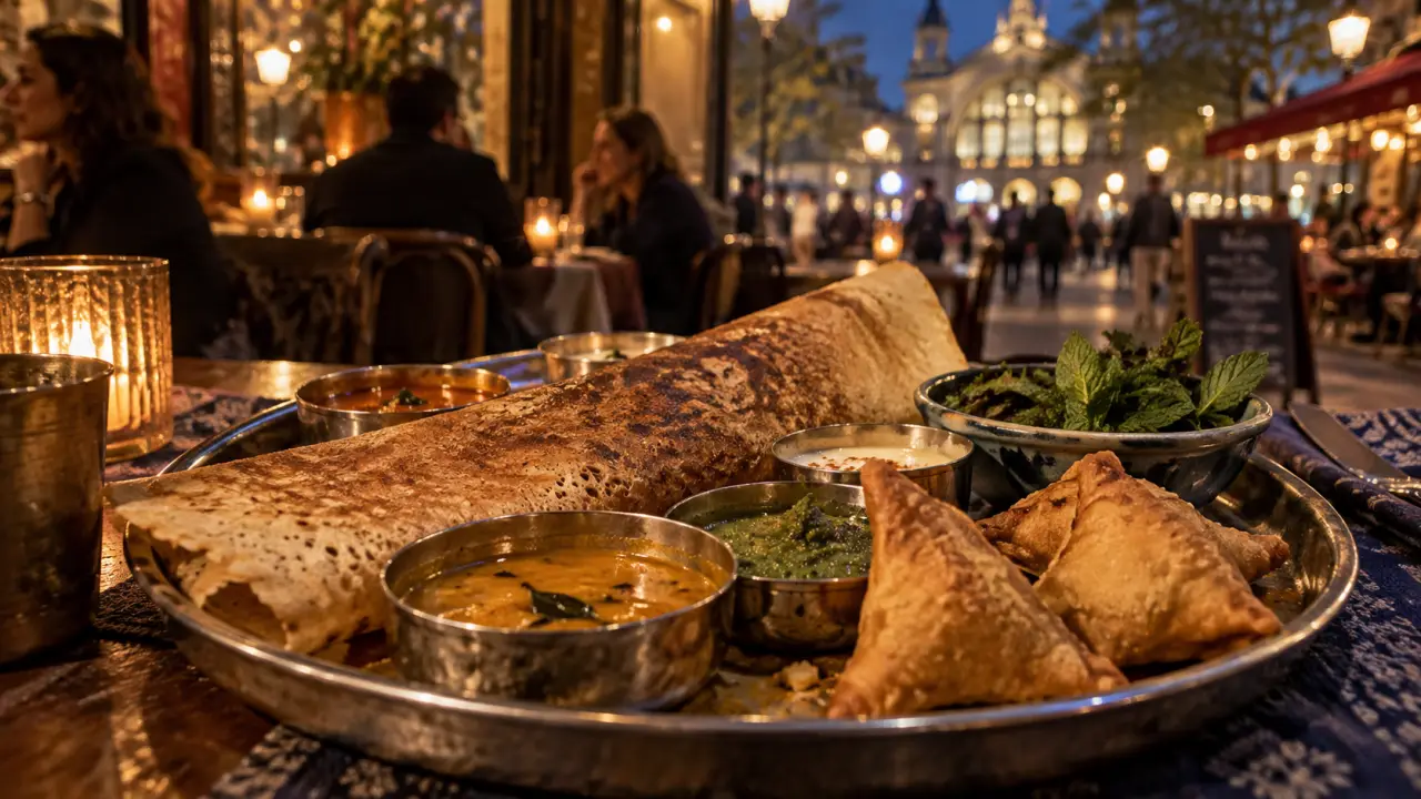 raāsa indian street food à Châtelet : thali, dosa croustillant, samosas, menthe
