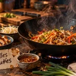 Recettes cuisine chinoise traditionnelle : wok fumant et mise en place