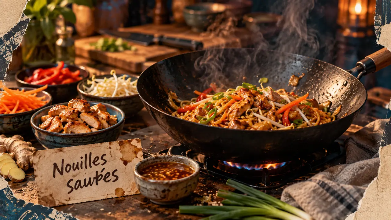 Recettes cuisine chinoise traditionnelle : wok fumant et mise en place