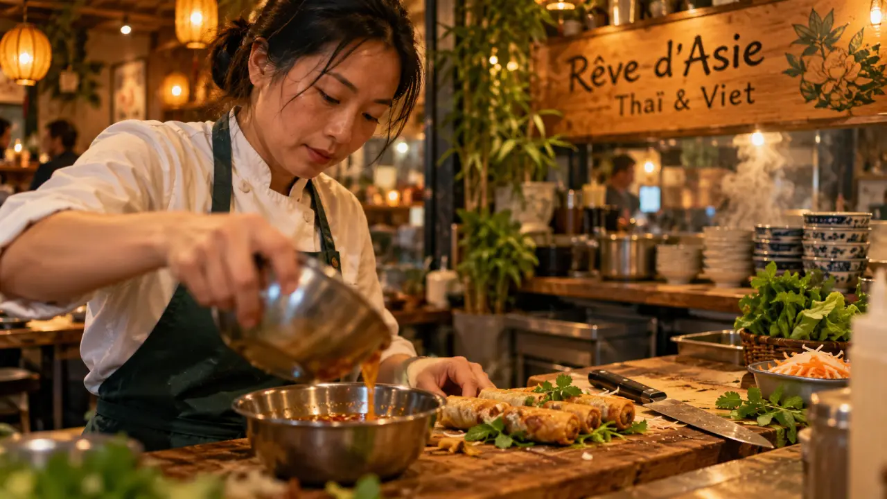 Cheffe prépare des nems en cuisine ouverte, rêve d'asie thaï and viêt street food le barp