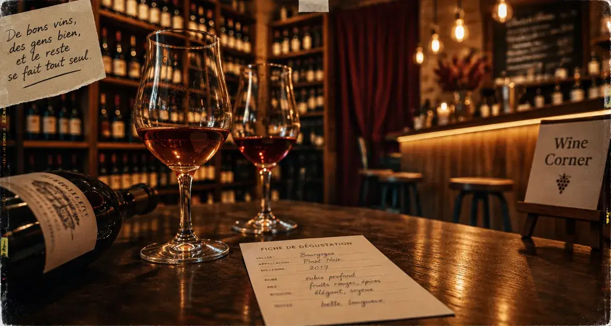 Wine corner cave et bar à vin à Bordeaux, verres et bouteille en cave